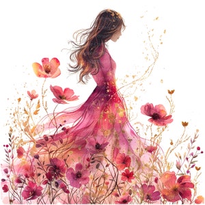 K&ouml;nnte beinhalten: Ein Aquarellbild einer Frau in einem rosafarbenen Kleid, die in einem Feld mit rosa Blumen steht. Die Frau hat lange braune Haare und schaut nach unten. Die Blumen sind von goldenem Glitzer umgeben.