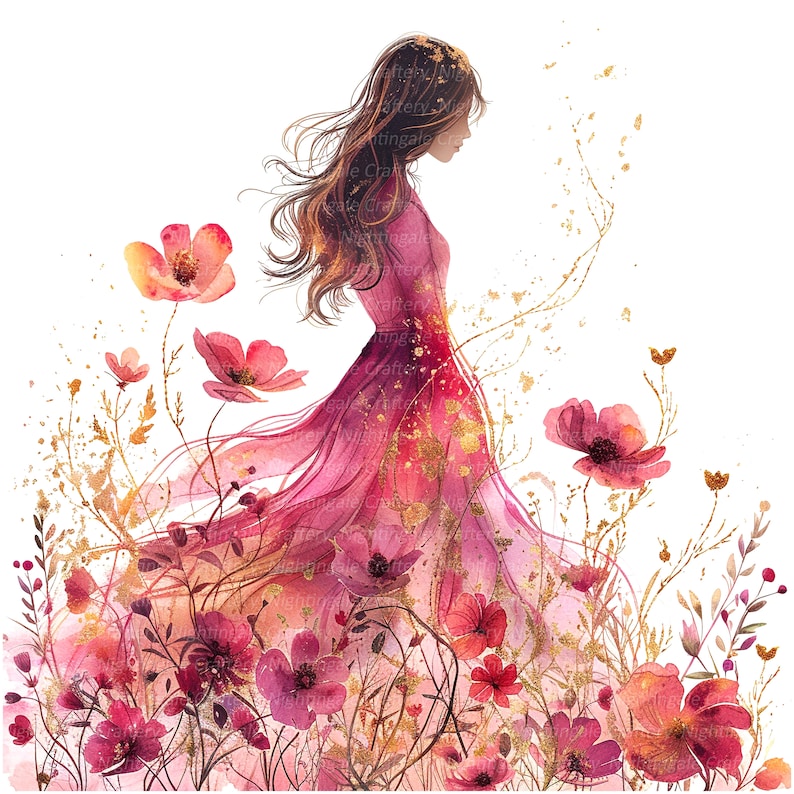 K&ouml;nnte beinhalten: Ein Aquarellbild einer Frau in einem rosafarbenen Kleid, die in einem Feld mit rosa Blumen steht. Die Frau hat lange braune Haare und schaut nach unten. Die Blumen sind von goldenem Glitzer umgeben.