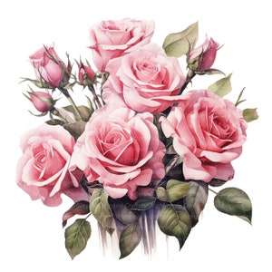 10 Pink Roses Bouquet Clipart, Wedding Bouquet, Printable Watercolor ...