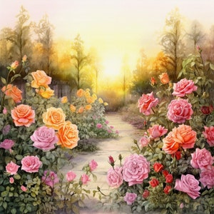 10 Rose Garden Clipart, Sunset over Garden, Printable Watercolor clipart, High Quality JPGs, Digital download, High Resolution, Paper craft image 10