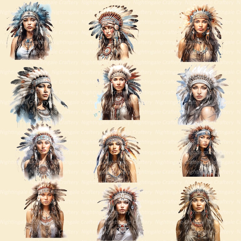K&ouml;nnte beinhalten: Eine Sammlung von Aquarellportr&auml;ts von Frauen mit aufwendigen indianischen Kopfschmucken. Die Kopfbedeckungen weisen Federn in verschiedenen Farben auf, darunter Blau, Braun und Wei&szlig;, und sind mit Perlen und anderen Verzierungen geschm&uuml;ckt. Die Frauen haben lange Haare und tragen Halsketten.