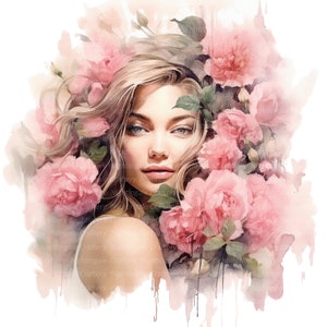 12 Imágenes prediseñadas de mujer en rosas, mujer feliz enamorada, imágenes prediseñadas de acuarela imprimibles, JPG de alta calidad, descarga digital, artesanía de papel, diario basura