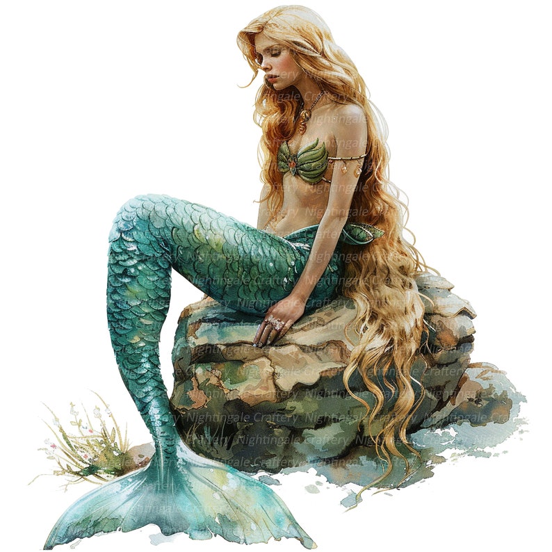 May include: A watercolor painting of a mermaid with long blonde hair sitting on a rock. She is wearing a green and blue tail and a seashell bra. The background is white.