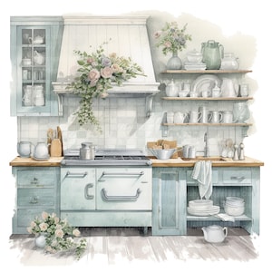 vintage floral kitchen scene clipart set graphic by... 14 Vintage Floral Kitchen Clipart, Shabby Chic, Printable Watercolor ...
