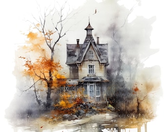 12 Haunted House Clipart, Printable Watercolor clipart, High Quality JPGs, Digital download, High Resolution, Paper craft, junk journals