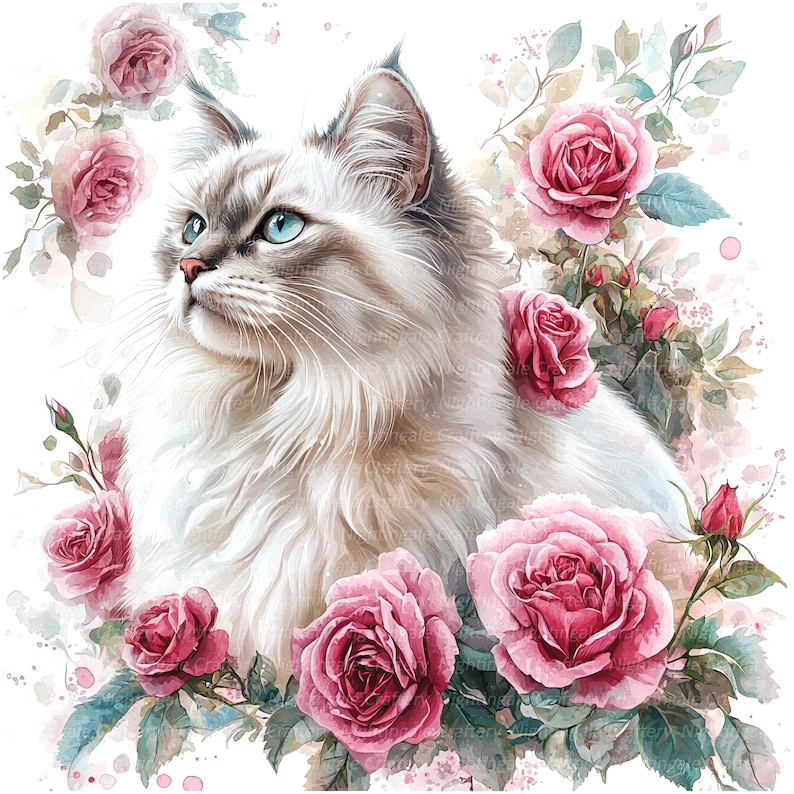 10 Floral Cats, Cats Clipart, Cat in Roses, Printable Watercolor ...