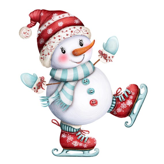 Clipart z bałwanem na łyżwach: świąteczne wzory akwarelowe (do pobrania w  wersji cyfrowej) - Etsy Polska