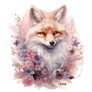 May include: A watercolor painting of a red fox with a white chest and a fluffy tail. The fox is surrounded by pink and purple flowers.