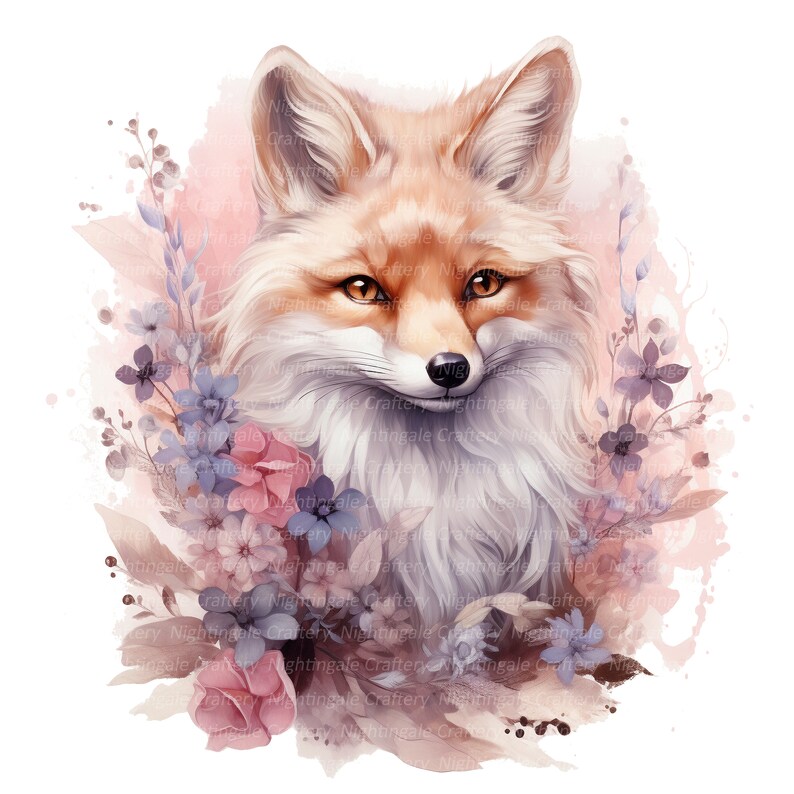 May include: A watercolor painting of a red fox with a white chest and a fluffy tail. The fox is surrounded by pink and purple flowers.