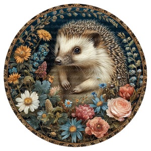 May include: A round, framed illustration of a hedgehog surrounded by colorful flowers. The hedgehog is brown and white with a dark nose and small black eyes. The flowers are a variety of colors, including pink, red, blue, yellow, and white.