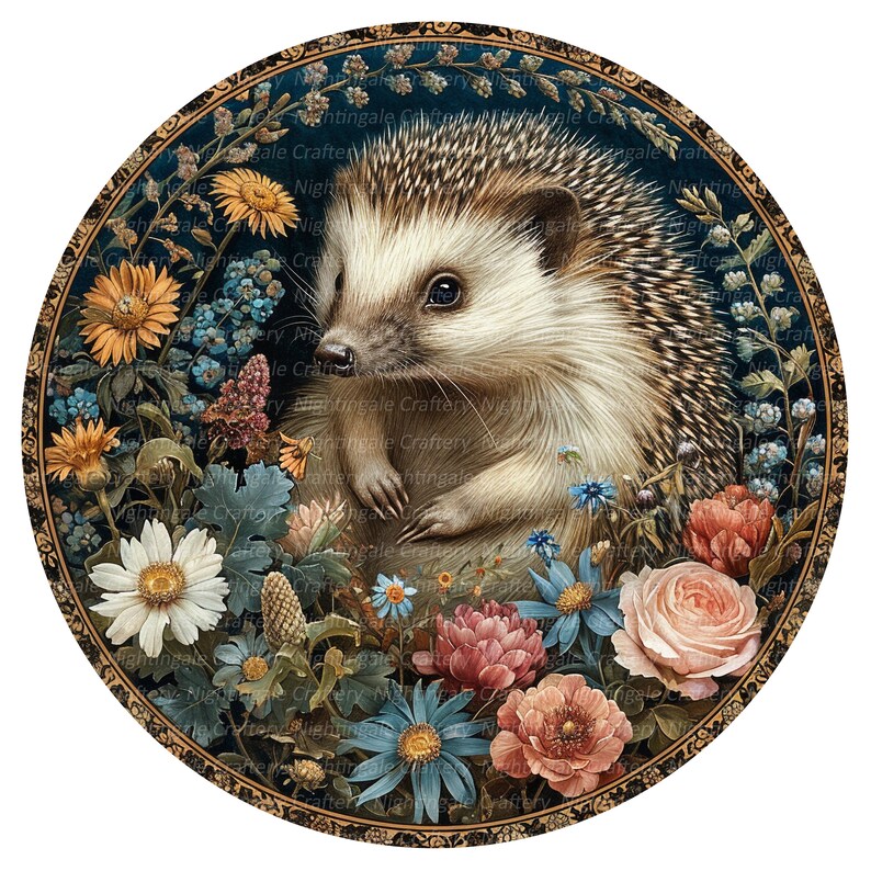 May include: A round, framed illustration of a hedgehog surrounded by colorful flowers. The hedgehog is brown and white with a dark nose and small black eyes. The flowers are a variety of colors, including pink, red, blue, yellow, and white.