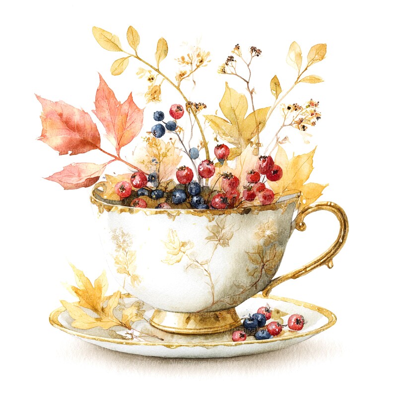 12 Autumn Tea Cup Clipart, Autumn Design, Printable Watercolor Clipart ...