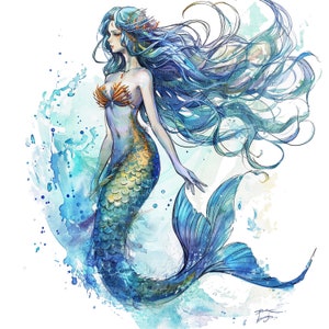 8 cliparts sirène aquarelle, mode sirène, clipart aquarelle imprimable, fichiers JPG de haute qualité, téléchargement numérique, créations en papier, journaux indésirables