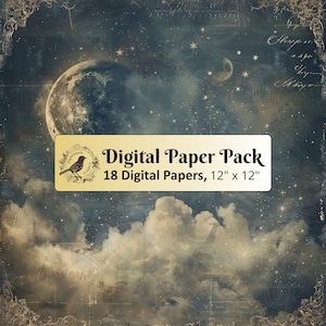 18 Vintage Moon Stars background papers, 12 x 12 Digital Paper pack, Junk Journal Paper, Scrapbook paper, Printable Paper, High Quality JPGs