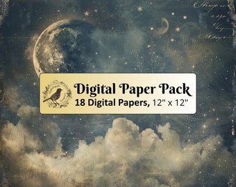 18 papeles de fondo vintage con luna y estrellas, paquete de papel digital de 12 x 12 pulgadas, papel para diario creativo, papel para álbum de recortes, papel imprimible, archivos JPG de alta calidad.