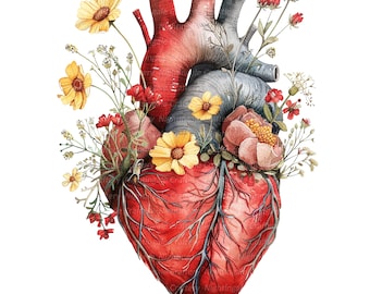 May include: A watercolor painting of a human heart with a variety of flowers growing from it. The heart is red and has visible veins. The flowers are yellow, pink, and red.