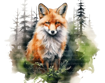 Fox in Forest Clipart, Printable Watercolor clipart, 10 High Quality JPGs, Digital download, High resolution, Paper crafts, junk journals