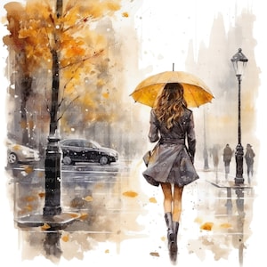 Puede incluir: Una mujer camina por una calle de la ciudad sosteniendo una sombrilla amarilla. La calle está mojada por la lluvia y hay hojas caídas en el suelo. La mujer lleva un abrigo gris y botas negras. El fondo es una pintura de acuarela de edificios y árboles.