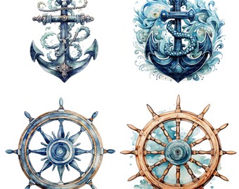 14 Nautical Anchor Wheel Clipart, Ship Wheel Clipart, Digital Clipart, Watercolor clipart, Printable clipart, Digital download, Paper craft
