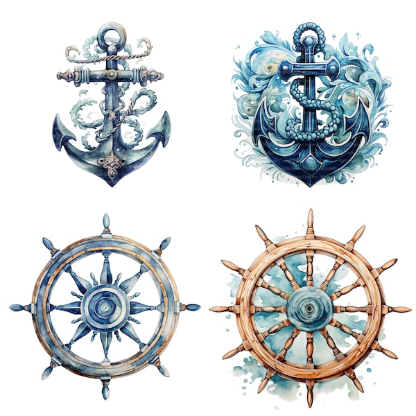 14 Nautical Anchor Wheel Clipart, Ship Wheel Clipart, Digital Clipart, Watercolor clipart, Printable clipart, Digital download, Paper craft