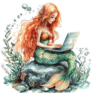 10 Watercolor Mermaid Clipart, Mermaid Laptop, Printable Watercolor ...