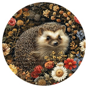 May include: A round illustration of a hedgehog surrounded by a variety of flowers and foliage. The hedgehog is brown and has a white belly. The flowers are in shades of pink, red, white, and blue.