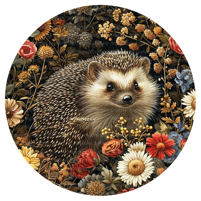 May include: A round illustration of a hedgehog surrounded by a variety of flowers and foliage. The hedgehog is brown and has a white belly. The flowers are in shades of pink, red, white, and blue.