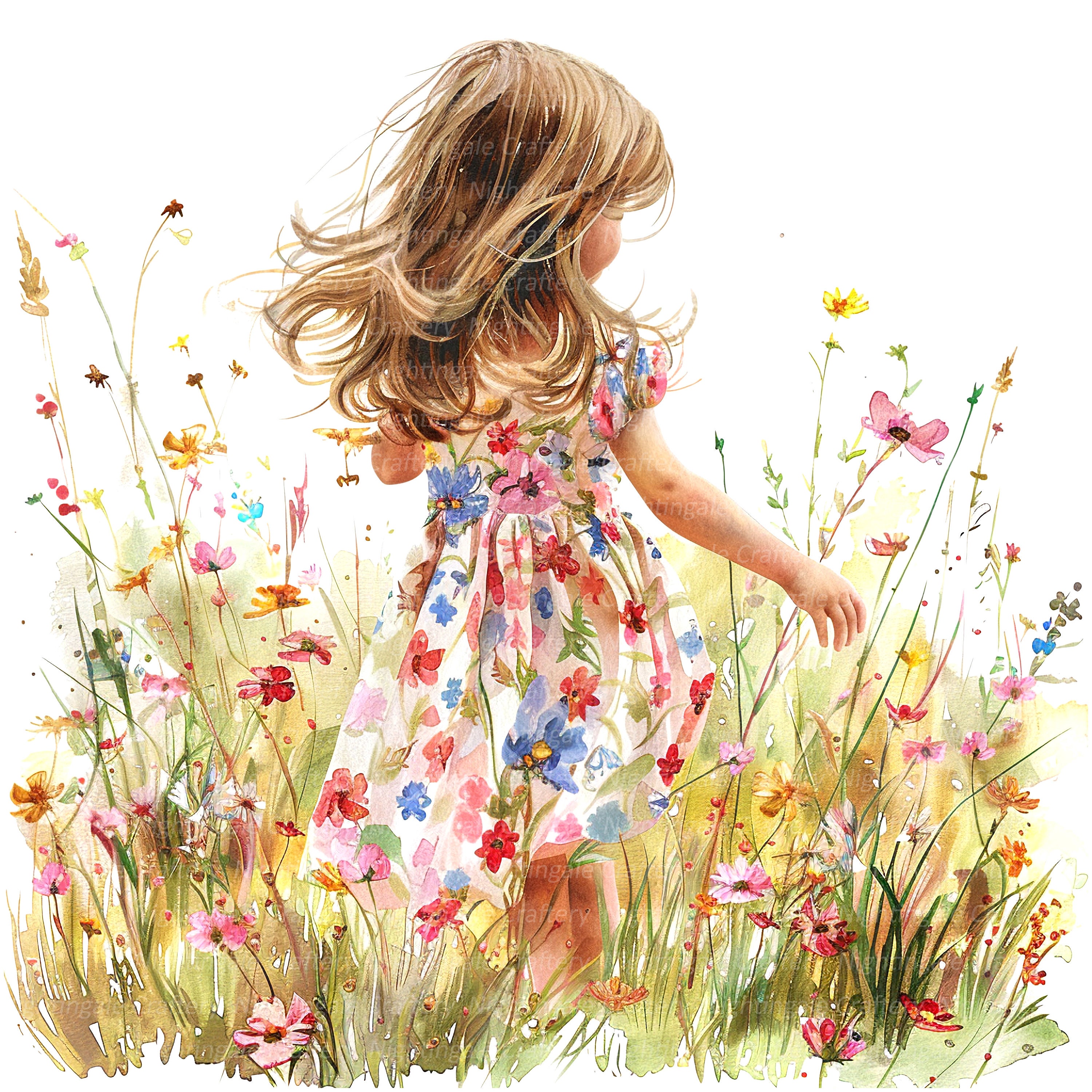 10 Girl in Flowers Clipart, Wildflower Clipart, Printable Watercolor ...