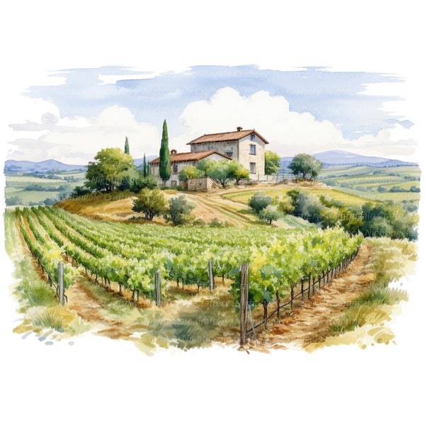 14 Toskana Italien Landschaft Clipart, druckbare Aquarell Clipart, hochwertige JPGs, digitaler Download, hohe Auflösung, Papier Handwerk