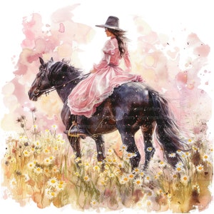 16 vrouw rijdt paard clipart, bloemen paard, afdrukbare aquarel clipart, hoge kwaliteit png's, digitale download, sublimatie, ongewenste tijdschriften