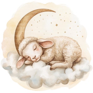 May include: A watercolor illustration of a white lamb sleeping on a fluffy cloud with a crescent moon and gold stars in the background.