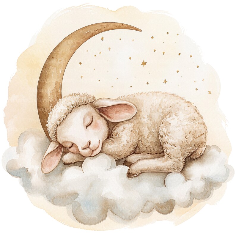 May include: A watercolor illustration of a white lamb sleeping on a fluffy cloud with a crescent moon and gold stars in the background.