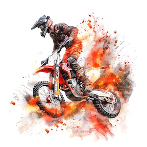 May include: A motocross rider in orange and black gear jumps a dirt bike with orange and black accents. The rider is in mid-air with a splash of orange and red watercolor behind them.