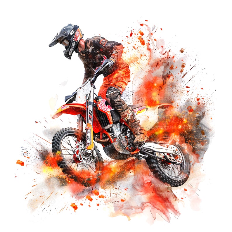May include: A motocross rider in orange and black gear jumps a dirt bike with orange and black accents. The rider is in mid-air with a splash of orange and red watercolor behind them.