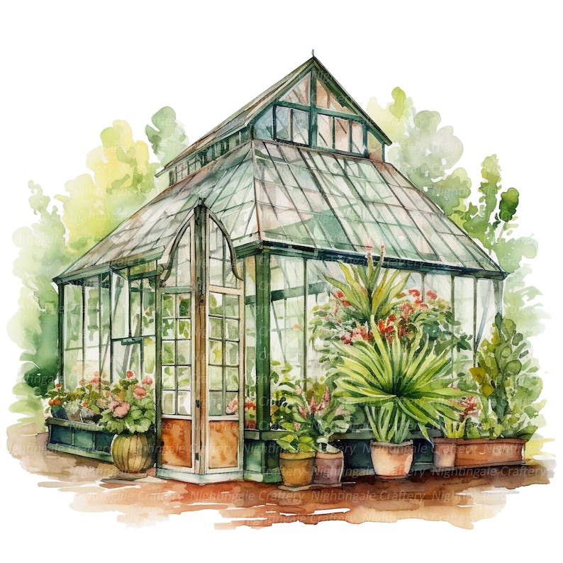 Puede incluir: Una pintura de acuarela de un invernadero de vidrio verde con una puerta de madera y plantas en su interior. El invernadero est&aacute; rodeado de follaje verde y tiene un suelo de baldosas marrones.