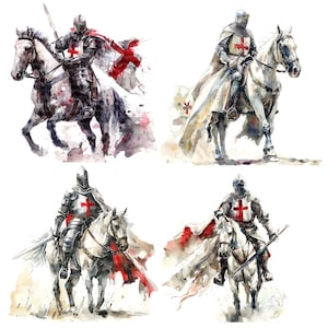 16 Clipart cavaliere, Cavalieri Templari, Cavallo cavaliere, clipart acquerello stampabile, JPG di alta qualità, download digitale, artigianato con la carta, diario