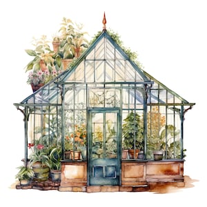 Puede incluir: Una pintura de acuarela de un invernadero de vidrio verde con un marco de metal y una base de madera marr&oacute;n. El invernadero est&aacute; lleno de diversas plantas y flores, incluyendo helechos, orqu&iacute;deas y suculentas. El invernadero est&aacute; rodeado de un fondo blanco.