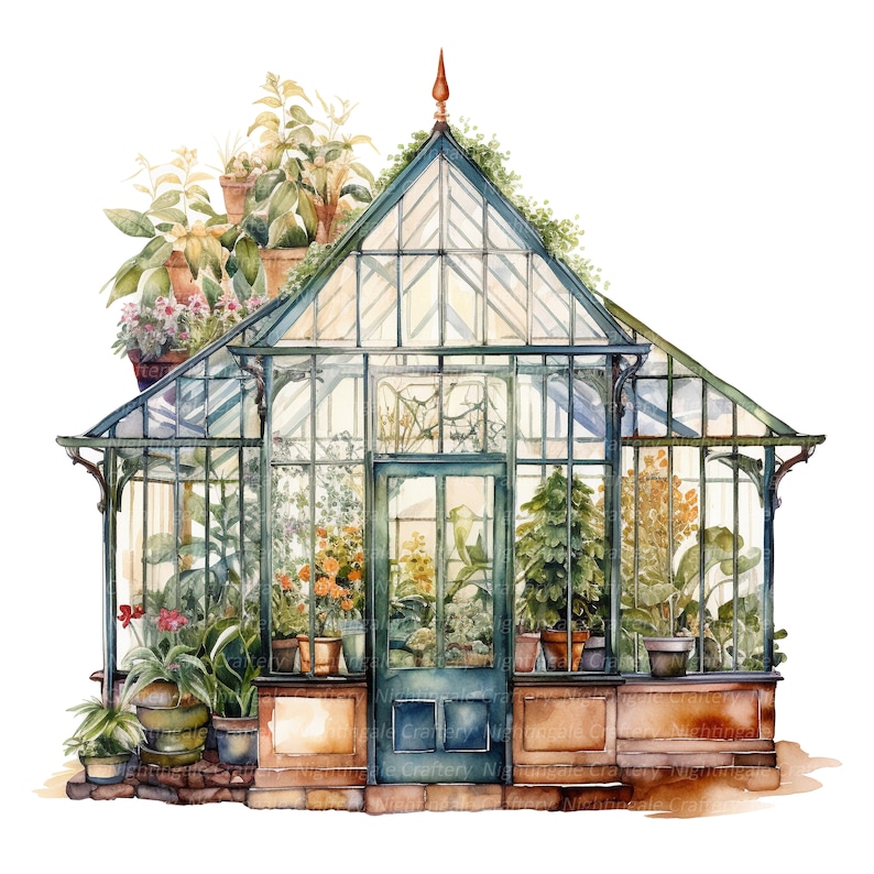 Puede incluir: Una pintura de acuarela de un invernadero de vidrio verde con un marco de metal y una base de madera marr&oacute;n. El invernadero est&aacute; lleno de diversas plantas y flores, incluyendo helechos, orqu&iacute;deas y suculentas. El invernadero est&aacute; rodeado de un fondo blanco.