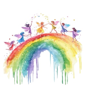 7 hadas y arco iris clipart, vivero arco iris, clipart de acuarela imprimible, PNG de alta calidad, descarga digital, impresión de vivero, artesanía de papel