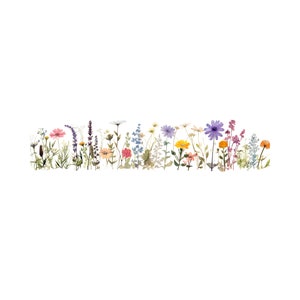 Peut inclure: Un arrangement color&eacute; de fleurs sauvages press&eacute;es, comprenant des fleurs violettes, roses, jaunes et orange, avec des tiges et des feuilles vertes.