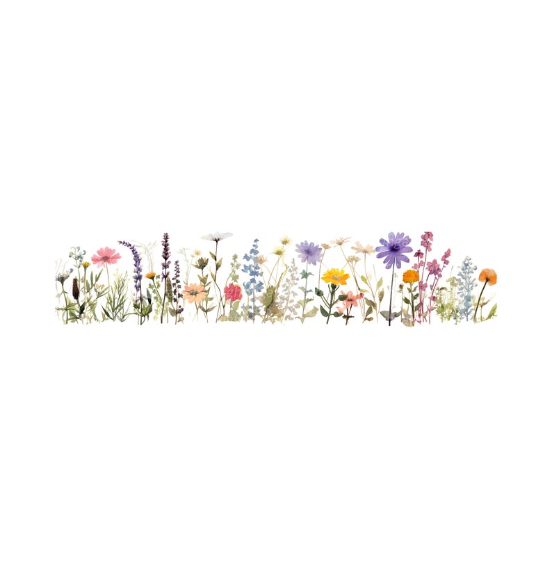 Peut inclure: Un arrangement color&eacute; de fleurs sauvages press&eacute;es, comprenant des fleurs violettes, roses, jaunes et orange, avec des tiges et des feuilles vertes.