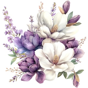 Ramo de 9 flores moradas, clipart floral violeta, clipart de acuarela imprimible, PNG de alta calidad, descarga digital, manualidades de papel, diario basura