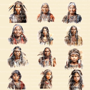 K&ouml;nnte beinhalten: Eine Sammlung von Aquarellportr&auml;ts von indigenen amerikanischen Menschen. Die Bilder zeigen verschiedene Personen, darunter Frauen und Kinder, die traditionelle Kopfbedeckungen, Federn und Schmuck tragen. Die Portr&auml;ts sind in weichen, erdigen T&ouml;nen gehalten.