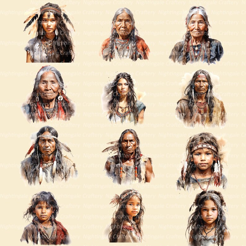 K&ouml;nnte beinhalten: Eine Sammlung von Aquarellportr&auml;ts von indigenen amerikanischen Menschen. Die Bilder zeigen verschiedene Personen, darunter Frauen und Kinder, die traditionelle Kopfbedeckungen, Federn und Schmuck tragen. Die Portr&auml;ts sind in weichen, erdigen T&ouml;nen gehalten.