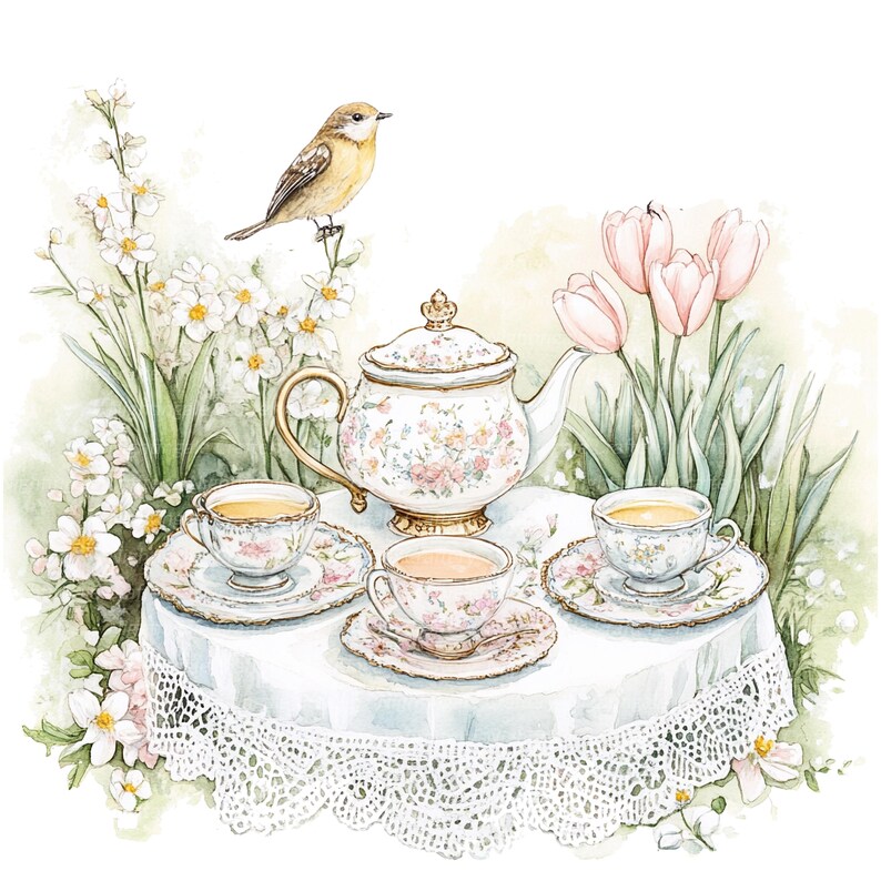 13 Charming Spring Clipart, Tea Party Clipart, Printable Watercolor ...