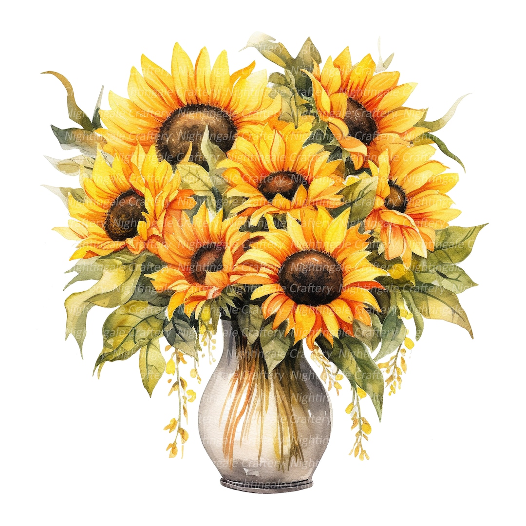 Sunflowers Clipart, Sunflowers in Vase, Printable Watercolor Clipart, 10 High Quality Jpgs