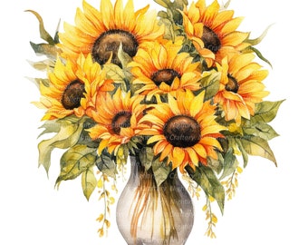 Sunflowers Clipart, Sunflowers in vase, Printable Watercolor clipart, 10 High Quality JPGs, Digital download, Paper craft, junk journal