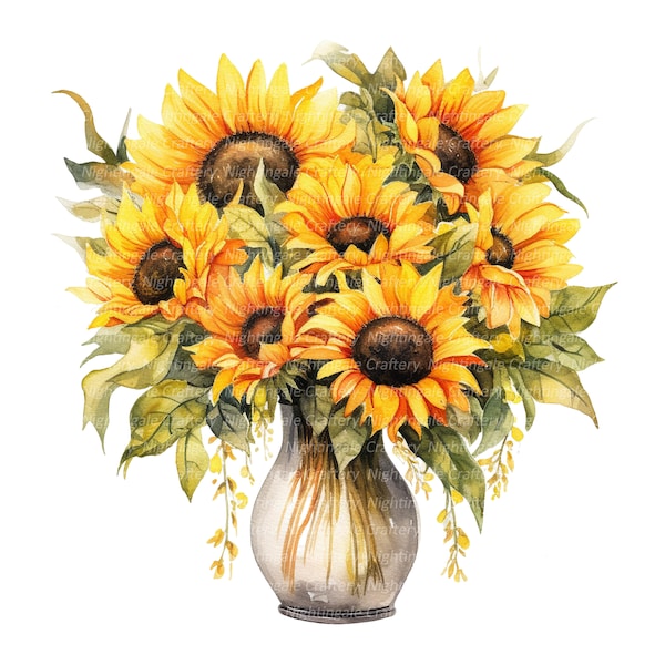 Sunflowers Clipart, Sunflowers in vase, Printable Watercolor clipart, 10 High Quality JPGs, Digital download, Paper craft, junk journal