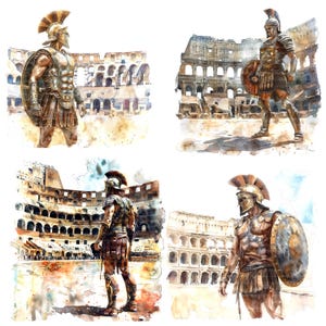 Op de afbeelding: Vier aquarellen van Romeinse gladiatoren voor het Colosseum. Elke gladiator draagt ​​een helm en een harnas en houdt zwaarden of schilden vast. Het Colosseum is afgebeeld op de achtergrond van elk schilderij.