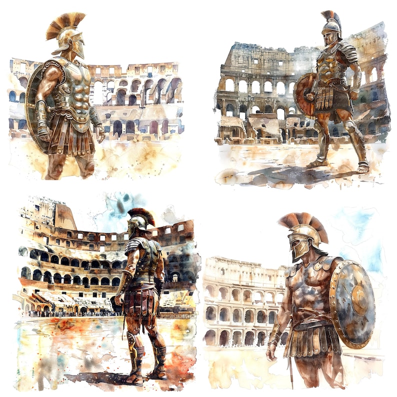 Op de afbeelding: Vier aquarellen van Romeinse gladiatoren voor het Colosseum. Elke gladiator draagt ​​een helm en een harnas en houdt zwaarden of schilden vast. Het Colosseum is afgebeeld op de achtergrond van elk schilderij.